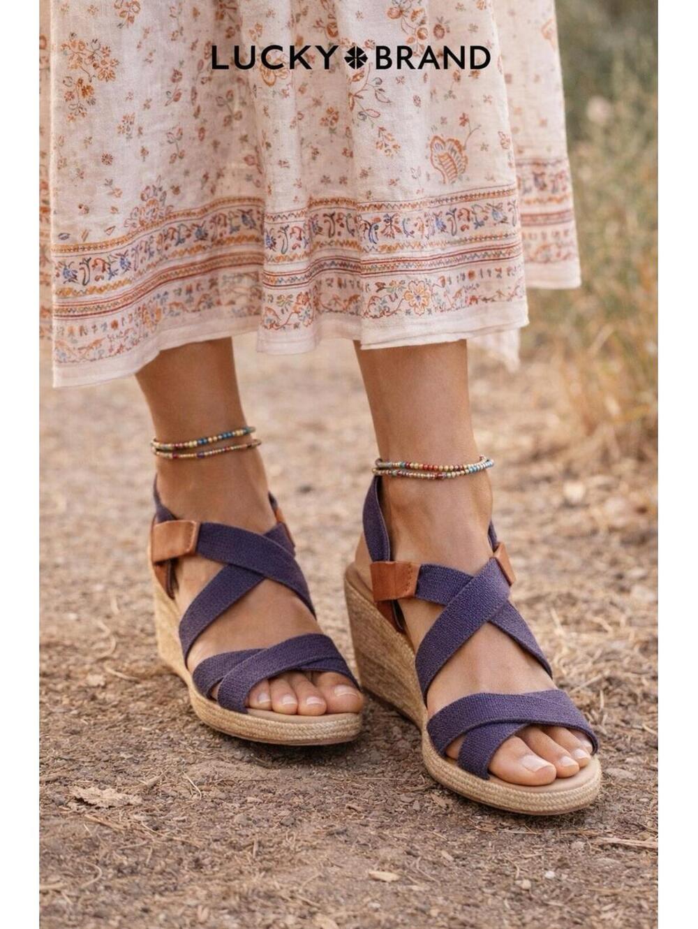 Lucky Brand Wedge Sandals Purple Canvas Espadrille Strap Sz 7 Open Toe Navy Blue